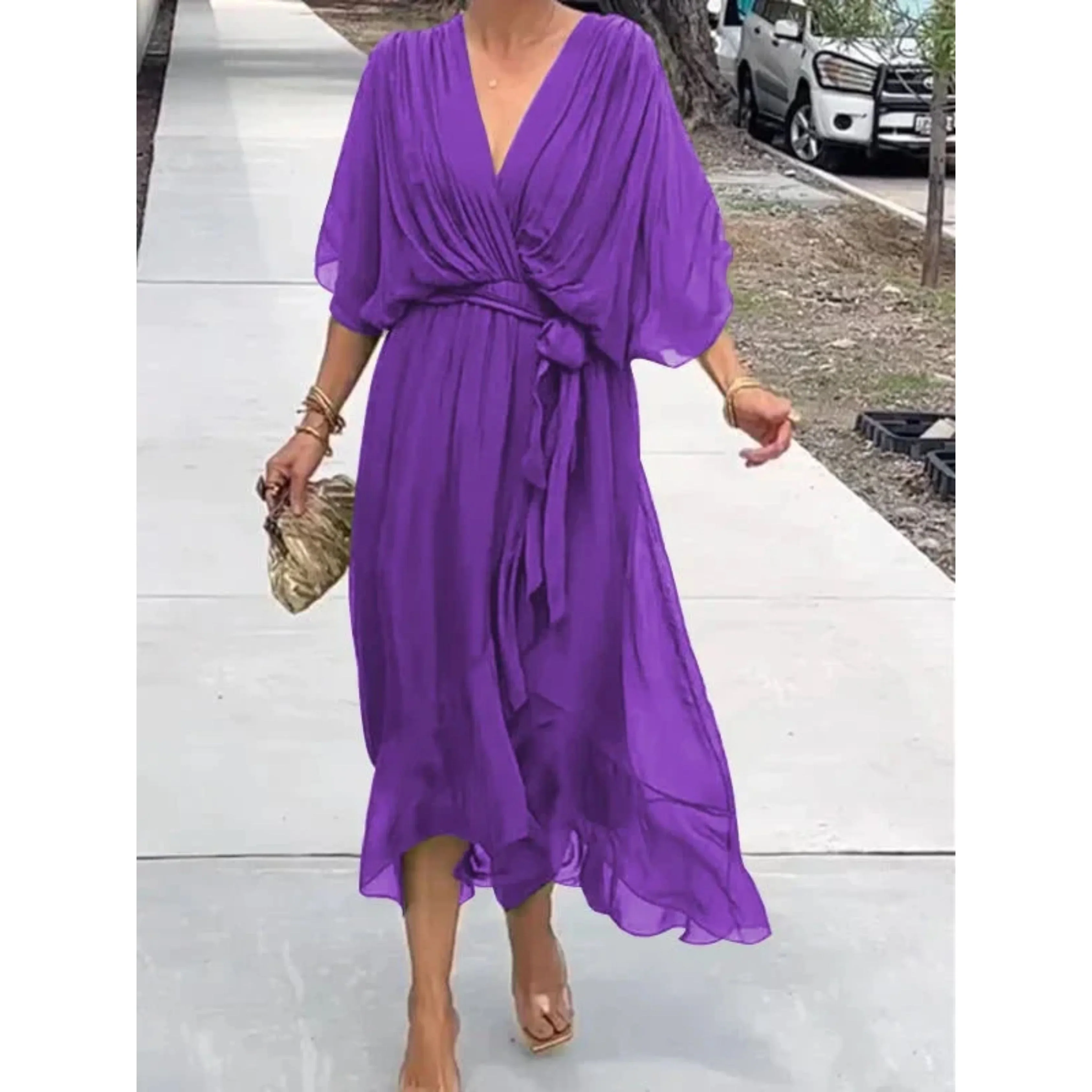 Femmes Robe Col V | Mousseline de Soie Stylée - Image 3