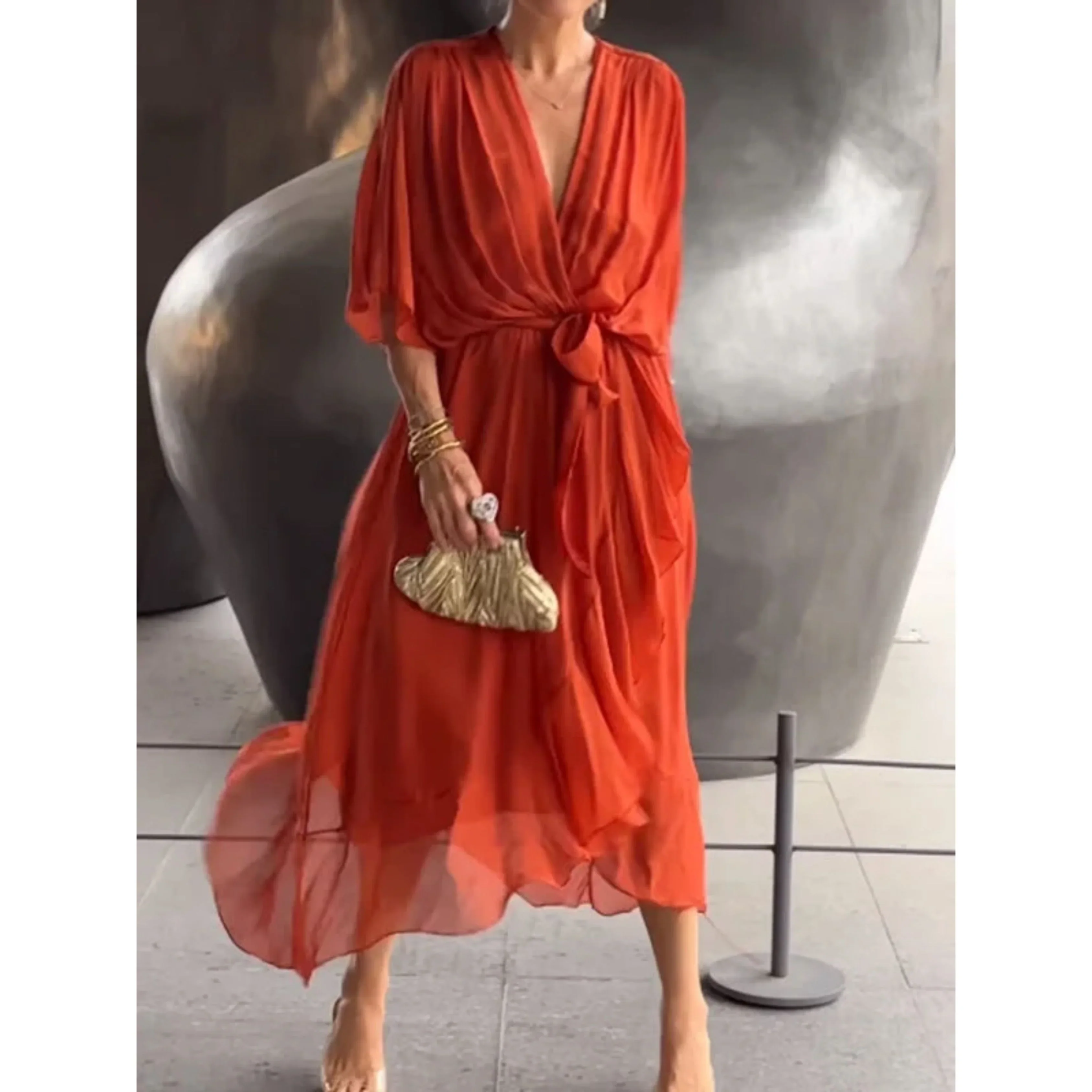 Femmes Robe Col V | Mousseline de Soie Stylée - Image 4