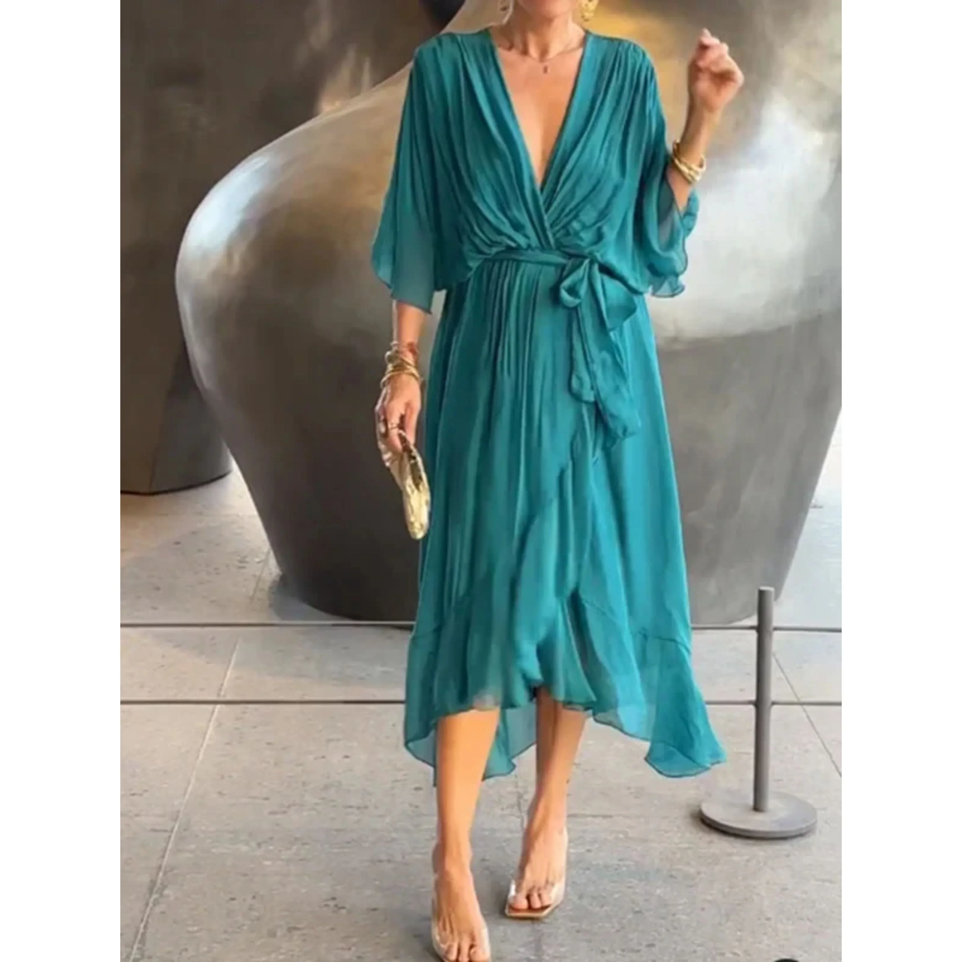 Femmes Robe Col V | Mousseline de Soie Stylée - Image 5