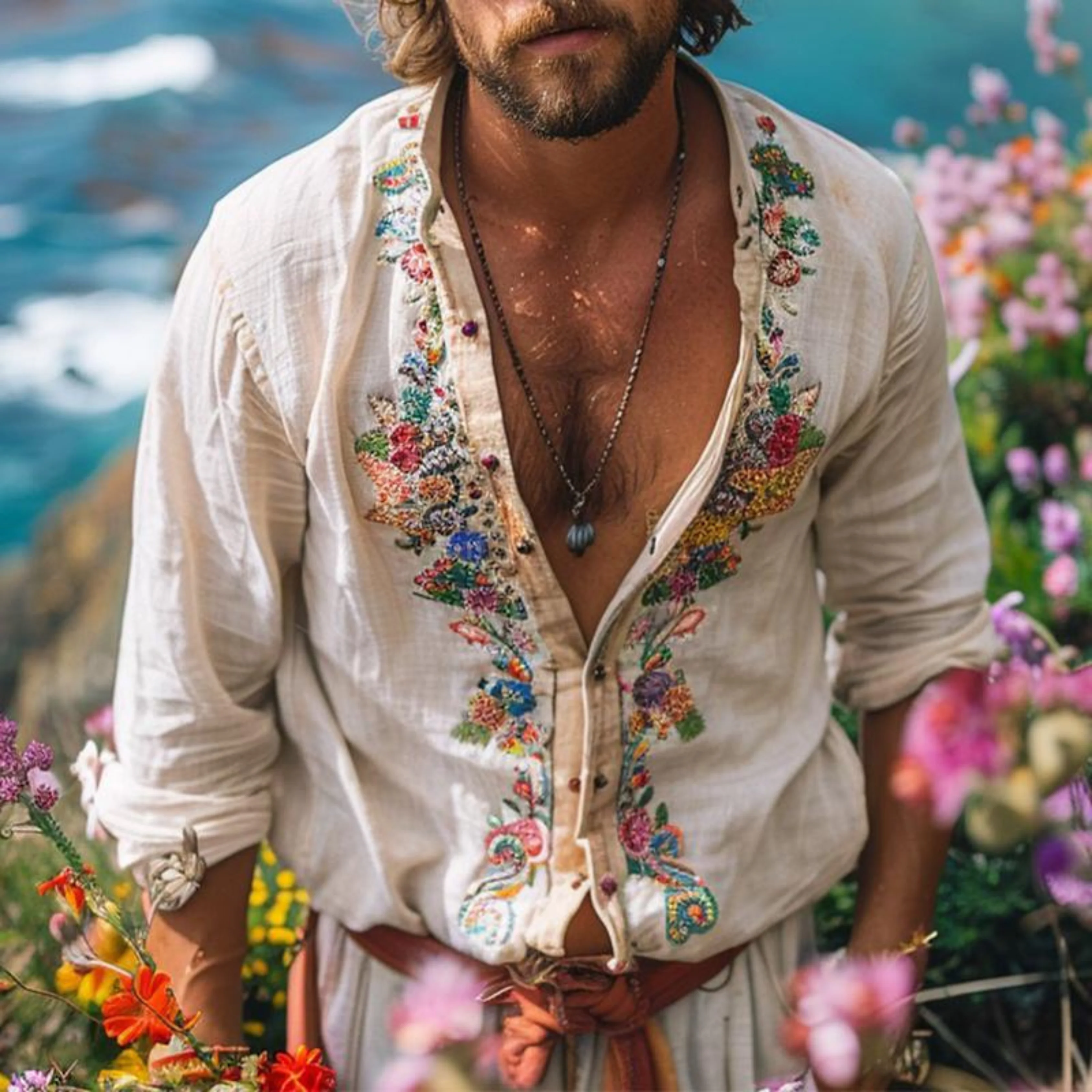 Hommes Chemise Vintage Décontractée | Brodée Manches Longues