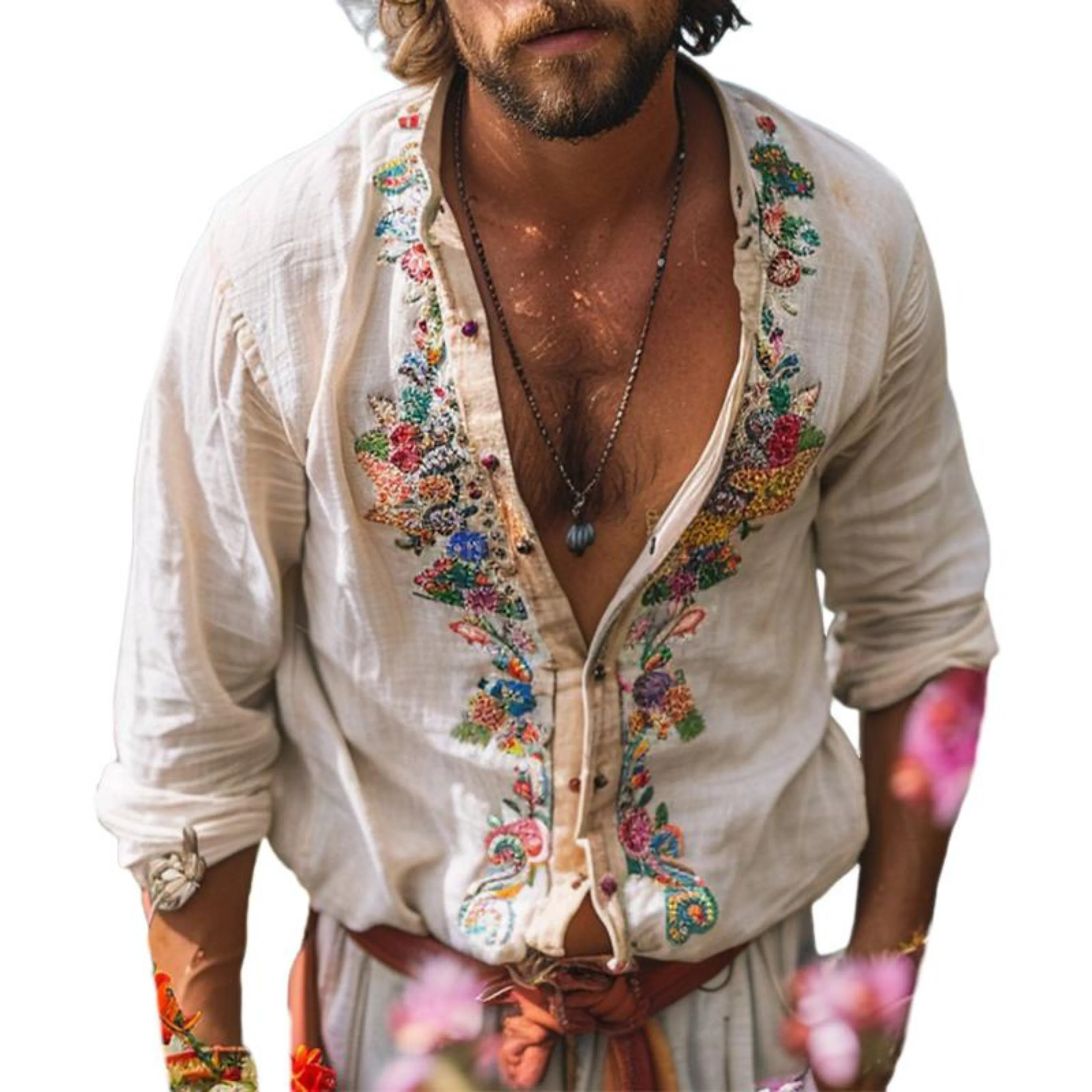 Hommes Chemise Vintage Décontractée | Brodée Manches Longues - Image 3