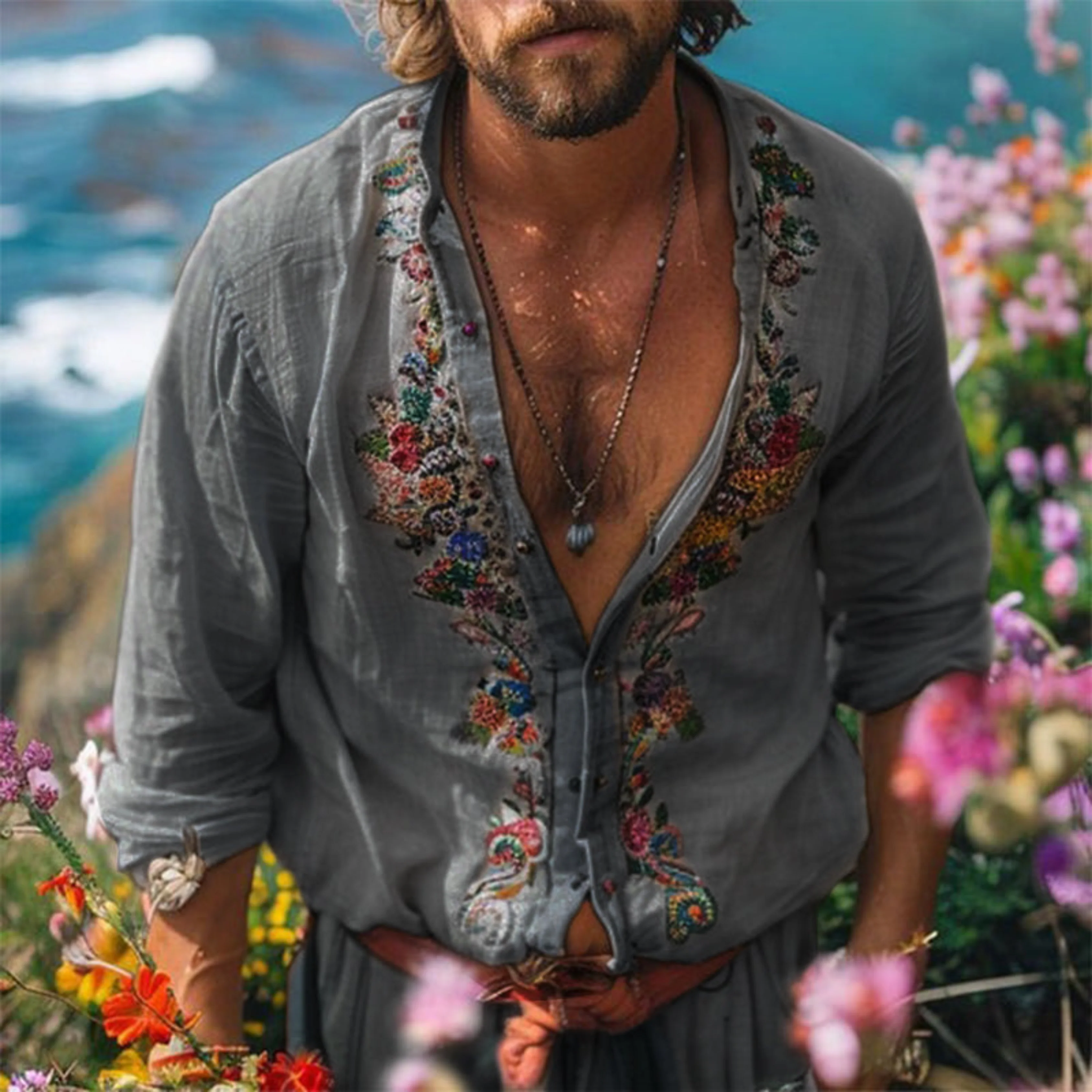 Hommes Chemise Vintage Décontractée | Brodée Manches Longues - Image 4